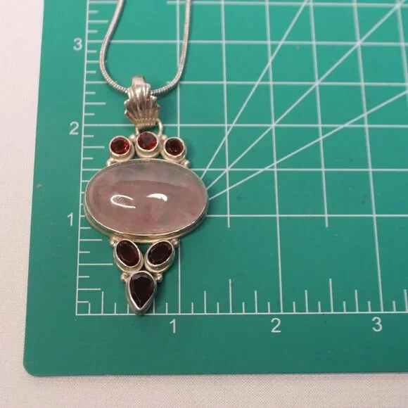 Sterling Silver Rose Quartz Gemstone and Red Glass Stone Necklace - Picture 9 of 13